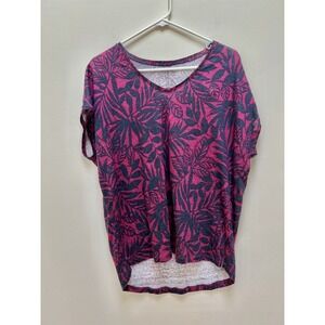 Women's 100% linen v-neck navy blue/burgundy tee shirt leaf pattern Size L